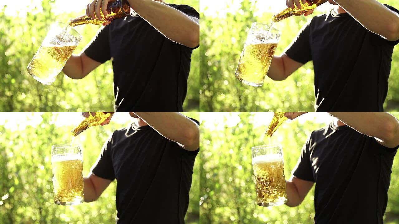 男子以慢动作将啤酒倒入玻璃中