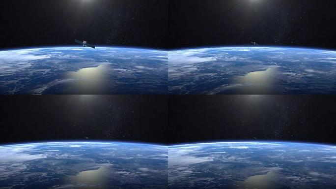 间谍卫星。抽象间谍卫星迅速飞离摄像机。地球缓慢旋转。4K. NASA。
