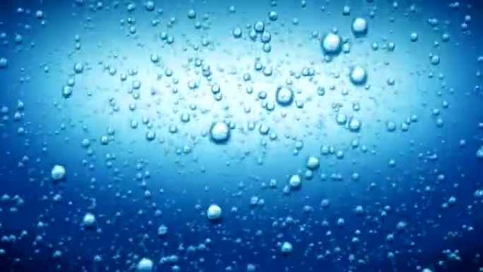 美丽的气泡在水中升起。蓝色气泡水的可循环3d动画。高清1080。