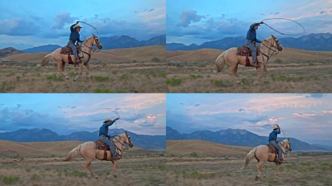 牛仔骑着马的慢动作视频，套索在范围内
