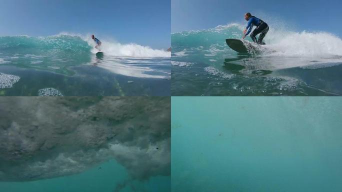 慢动作特写冲浪者花花公子在雕刻波浪时将水溅入相机