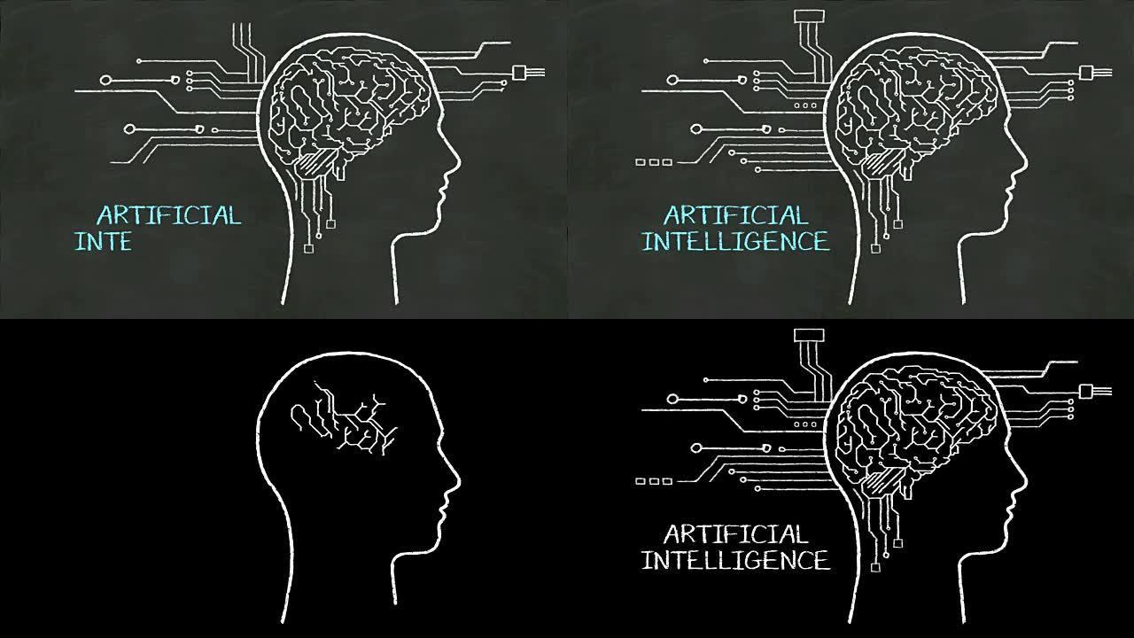 手写人头形状，在黑板上连接cpu “人工智能”。