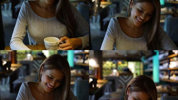 美女喝着咖啡，用智能手机聊天