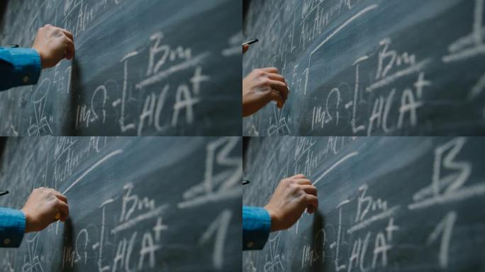 手握粉笔，在黑板上写下复杂而复杂的数学公式/方程式。