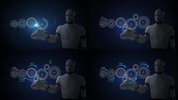 机器人，机器人触摸图标，用齿轮绘制业务概念，目标，愿景，想法，团队合作，成功。4k动画。