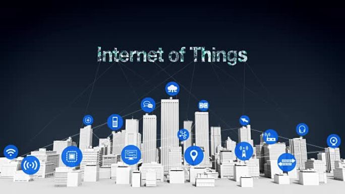 智能城市上的事物传感器图标，连接网格错字 “物联网” 概念。