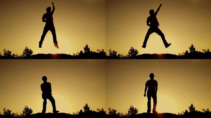 慢动作: 年轻人在日落时跳跃