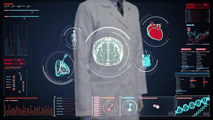 医生触摸数字屏幕，扫描大脑，心脏，肺，内脏器官在数字显示仪表板。X射线视图。
