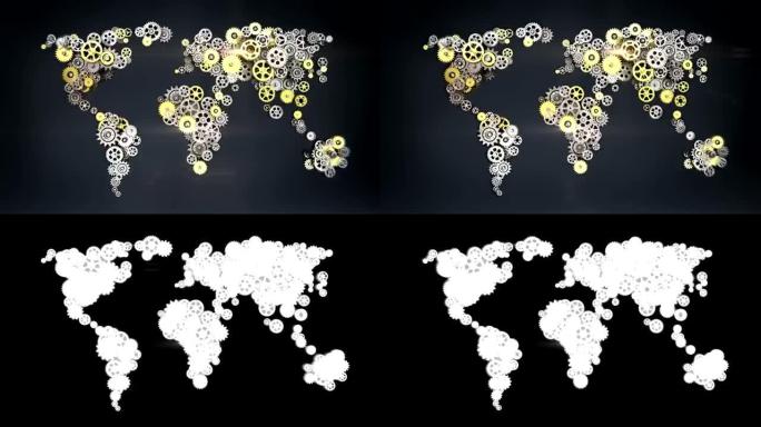 钢金色齿轮制作全球地图。人工智能。全球技术1。