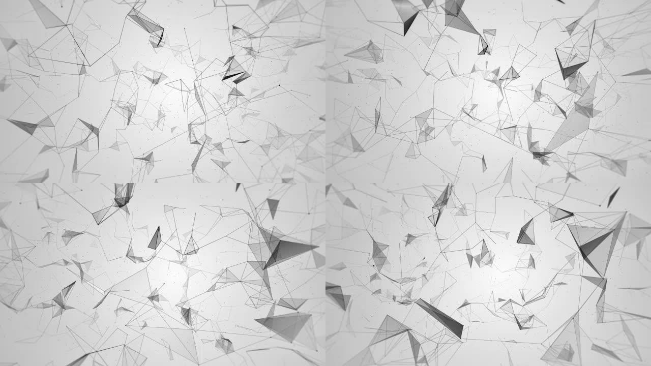 几何图形的抽象数字概念: 多边形/丛分形移动，它们之间以及与粒子连接。三角技术概念。灰色，黑色。