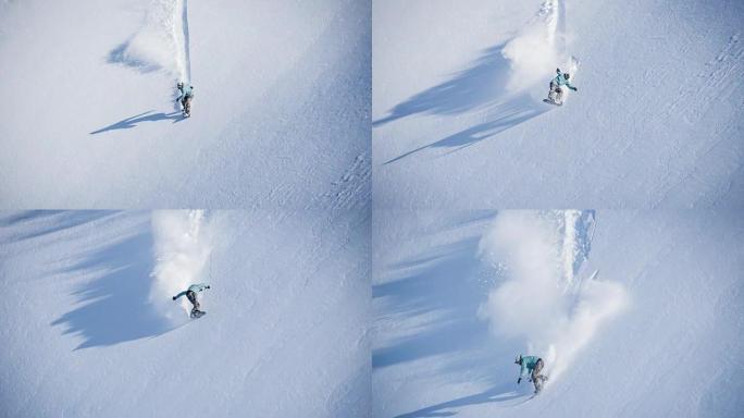 滑雪者在下坡骑粉雪时表演技巧