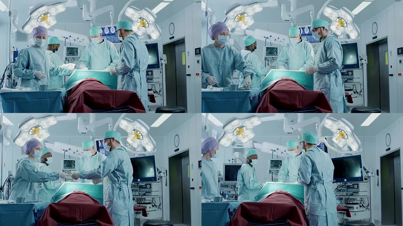 在医院手术室对患者进行侵入性手术的专业外科医生的多元化团队。护士将仪器交给外科医生，麻醉师监视生命体