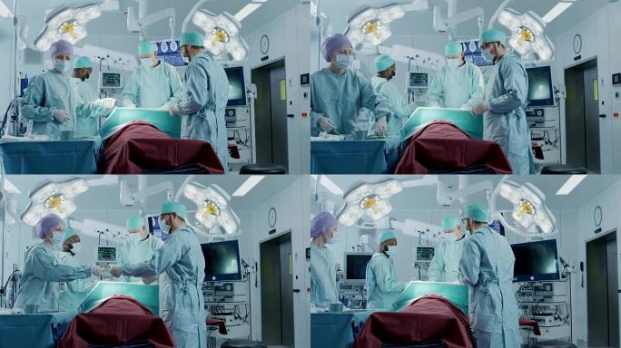 在医院手术室对患者进行侵入性手术的专业外科医生的多元化团队。护士将仪器交给外科医生，麻醉师监视生命体