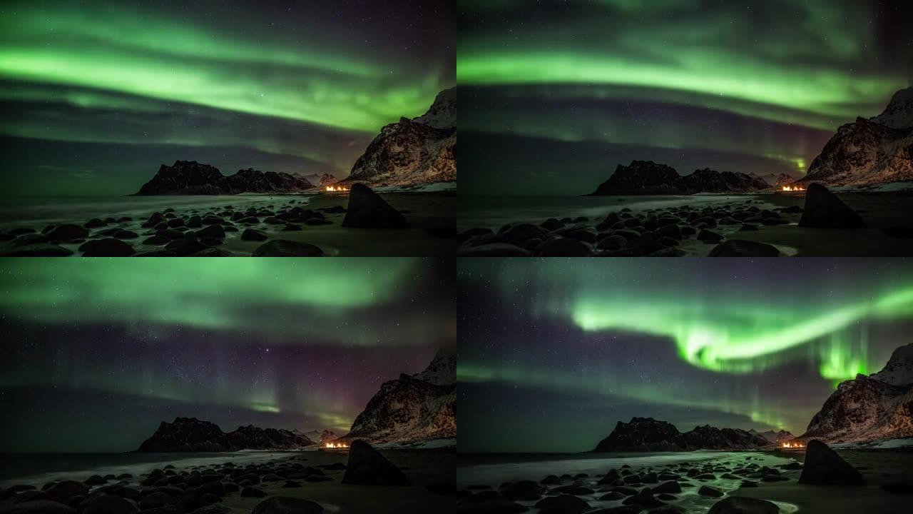 挪威罗弗滕群岛上北极光的时间流逝
