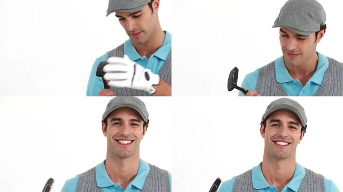 微笑的男人清洁高尔夫球棒