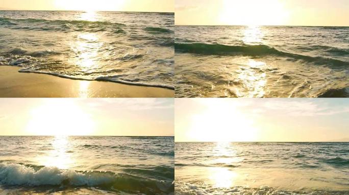 热带海滩上令人惊叹的日落。波浪以慢动作卷起白沙。豪华度假度假