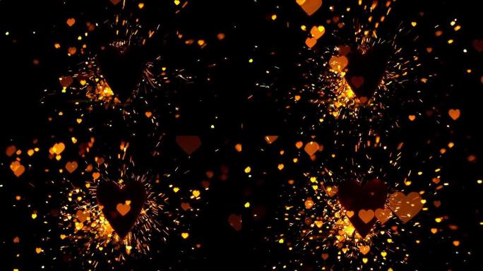 金色五彩纸屑和火花在心脏上飞扬