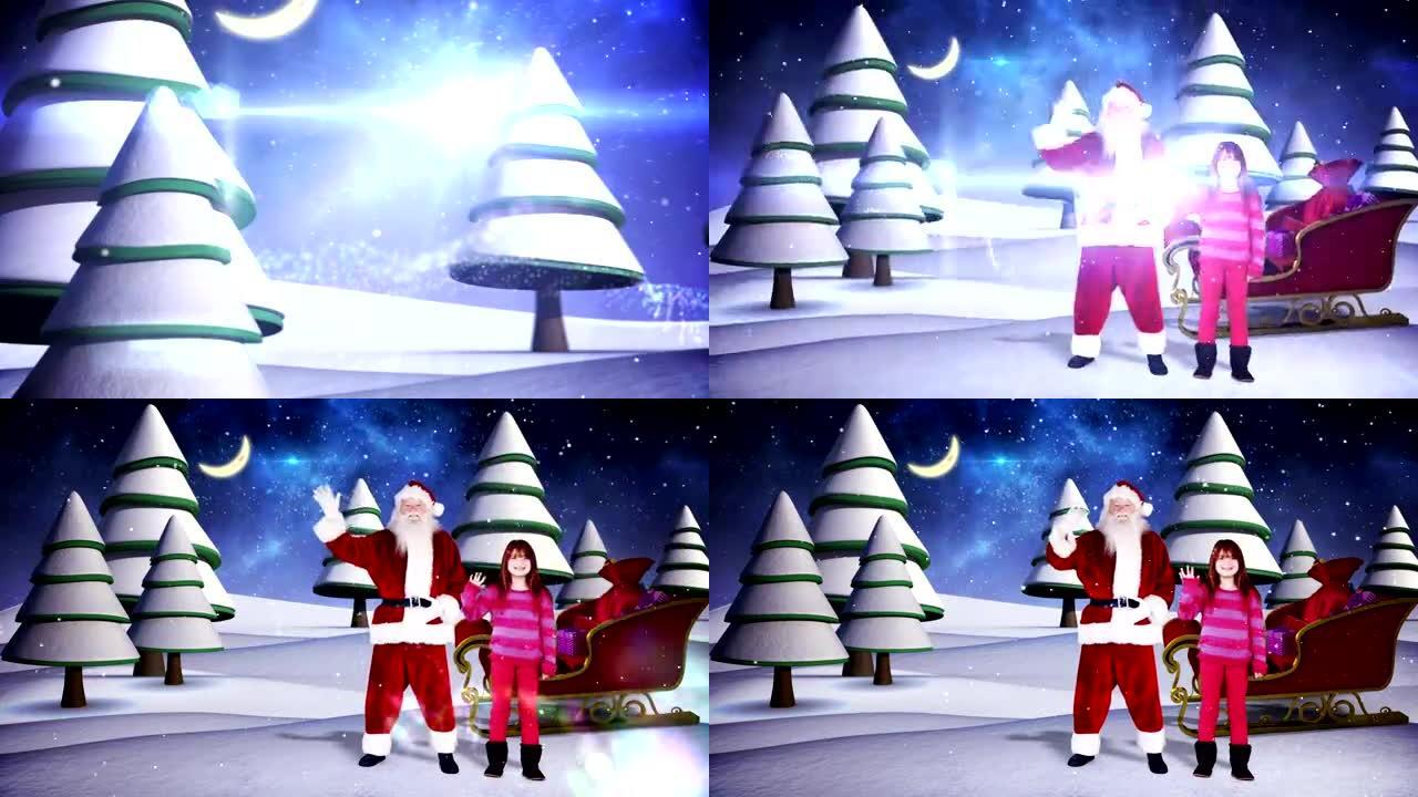 小女孩和圣诞老人在镜头前挥手