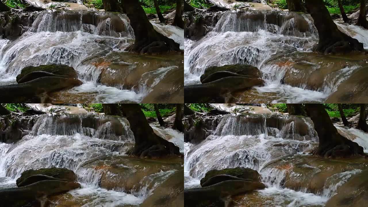 FHD慢动作镜头特写美丽的瀑布在森林，帕达瀑布