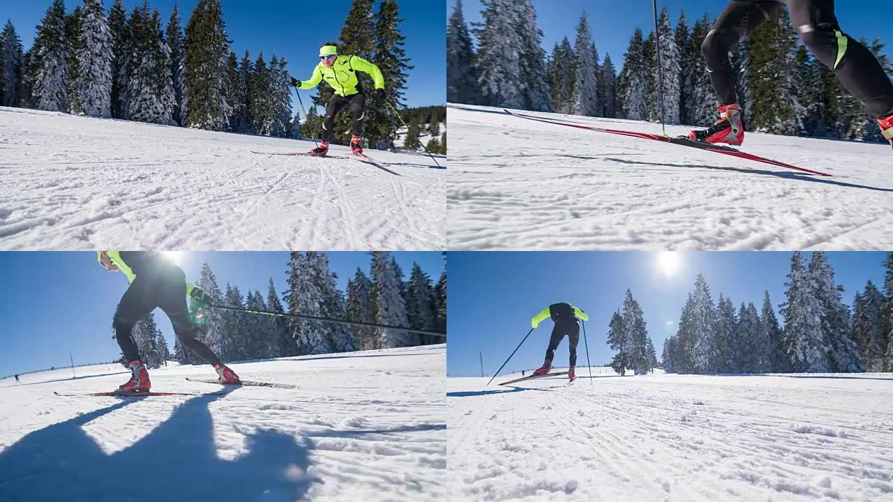 越野滑雪运动员滑板滑雪上坡