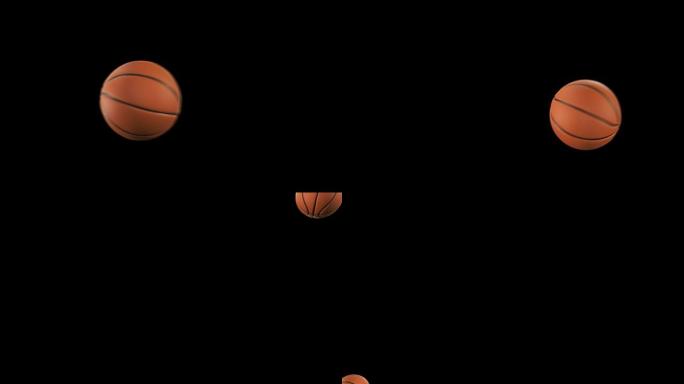 美丽的篮球带照明弹在黑色上慢动作投掷。一套4个视频。飞球的篮球3d动画。4k超高清3840x2160