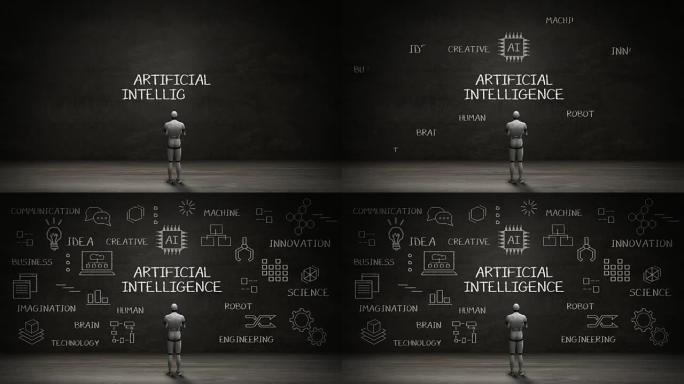 机器人站立墙，黑板上 “人工智能” 的手写概念。