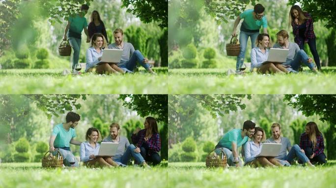 两对夫妇在公园野餐时看着笔记本电脑
