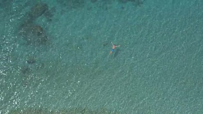 空中: 开朗的家伙游泳海星漂浮并在清澈的海洋中放松