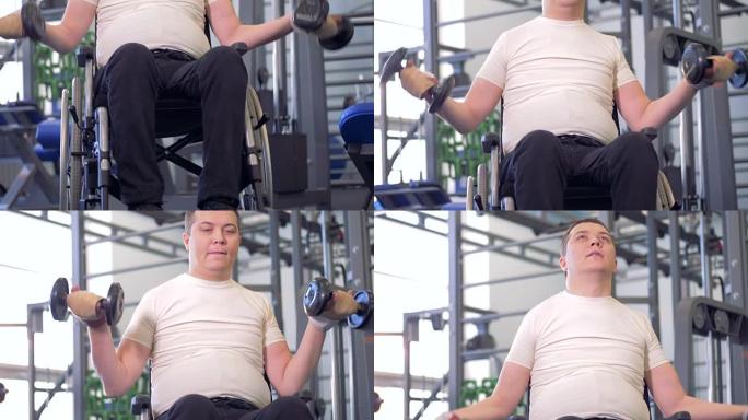 残疾人在健身房训练恢复肌肉。