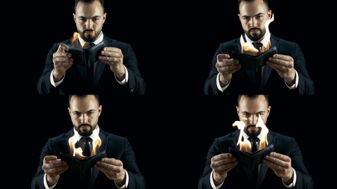 专业魔术师在深色西装表演燃烧钱包把戏。破产主题的错觉。