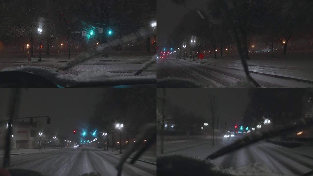 FPV夜间在积雪覆盖的街道上行驶