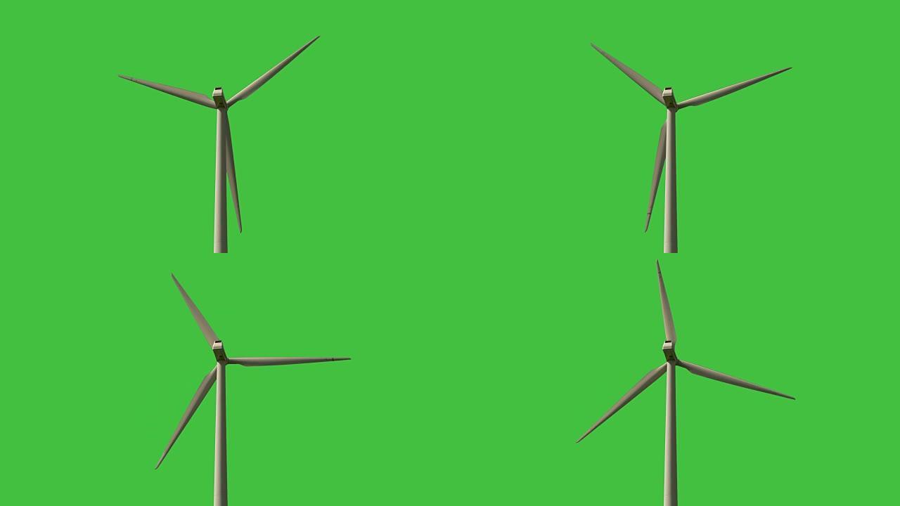 绿色屏幕背景的旋转风力涡轮机