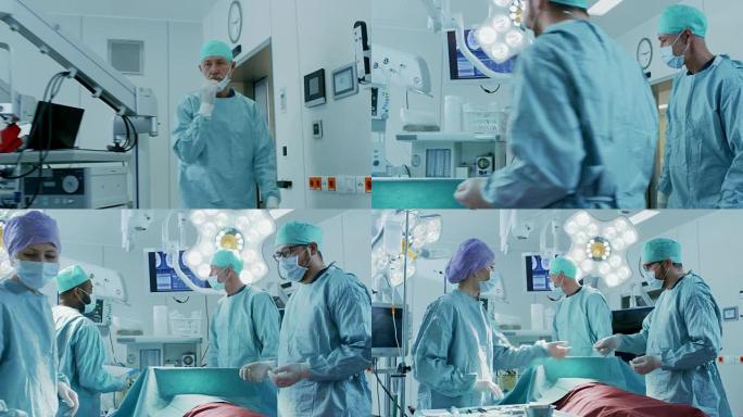 高级外科医生进入手术室，在那里他的助手和病人等待，他戴上口罩并开始手术。真正的现代化医院，设备真实。