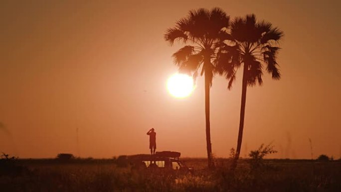 游客站在四轮驱动的屋顶上欣赏奥卡万戈三角洲美丽的日落