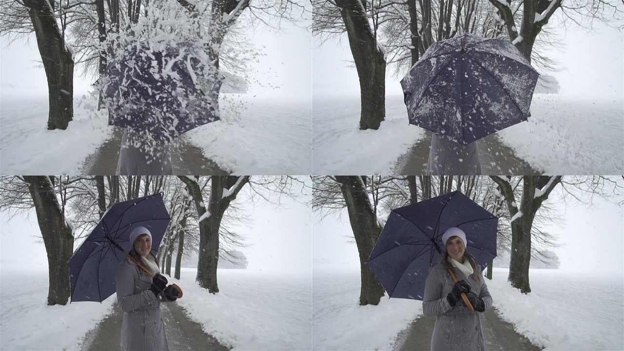 慢动作: 冬天带伞的女人