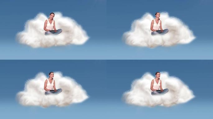 在云中使用平板电脑的女人