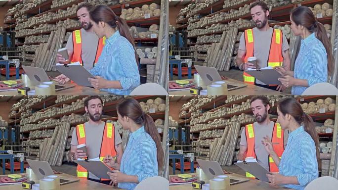 经理在仓库用笔记本电脑与工人交谈的实时视频