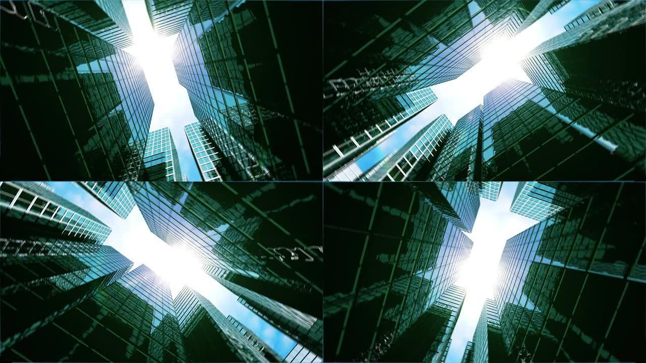 摄像机在摩天大楼中转动，看着太阳。循环动画。
