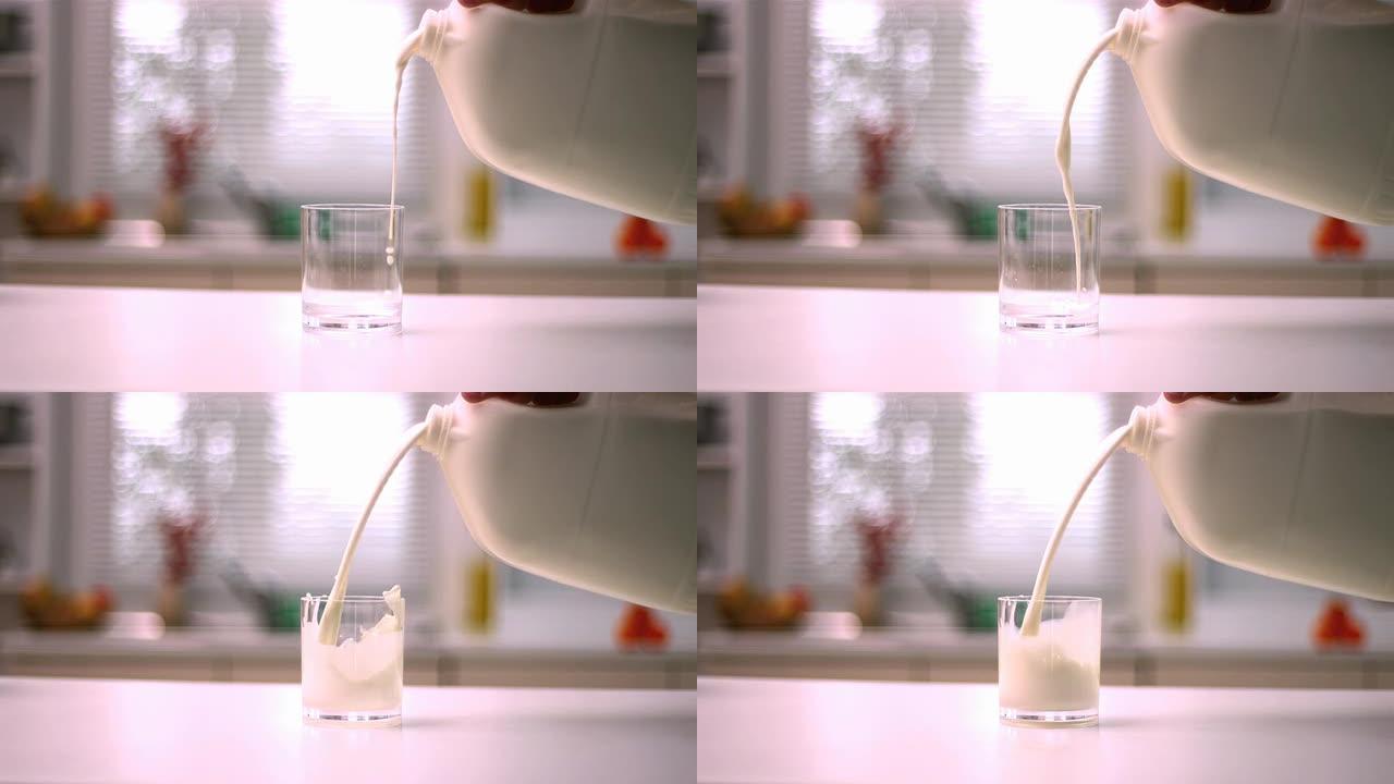 牛奶倒入厨房的小玻璃中