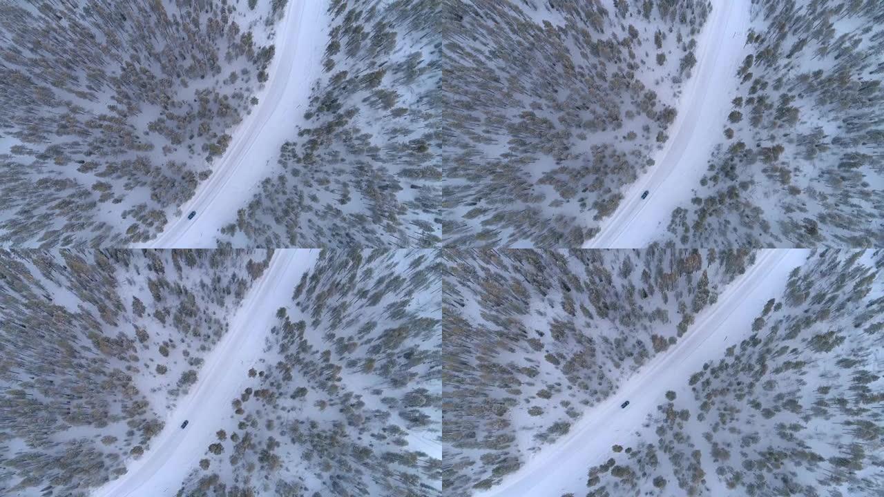 空中自上而下: 汽车在冬季仙境的雪道上行驶