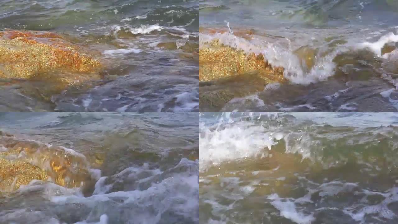 海上冲浪。海浪在沿海岩石上奔跑。原始视频未经任何处理。
