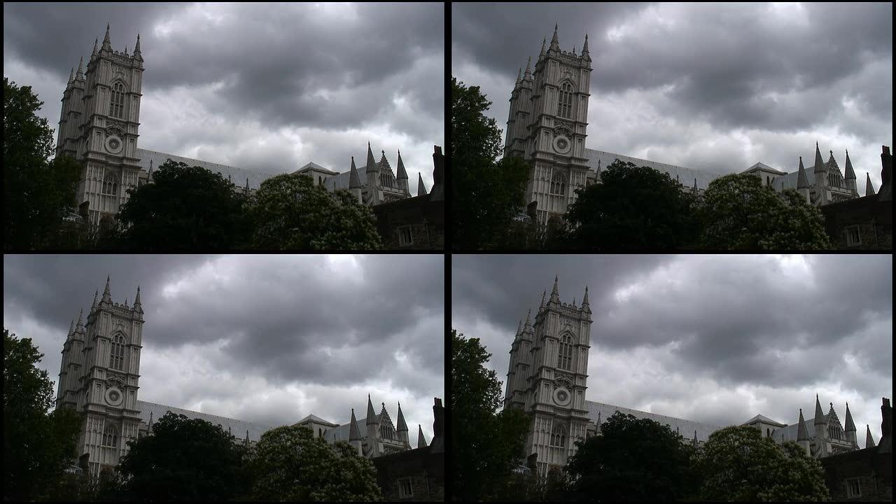 (HD1080i)暴风雨云层下的伦敦威斯敏斯特教堂。全球变暖