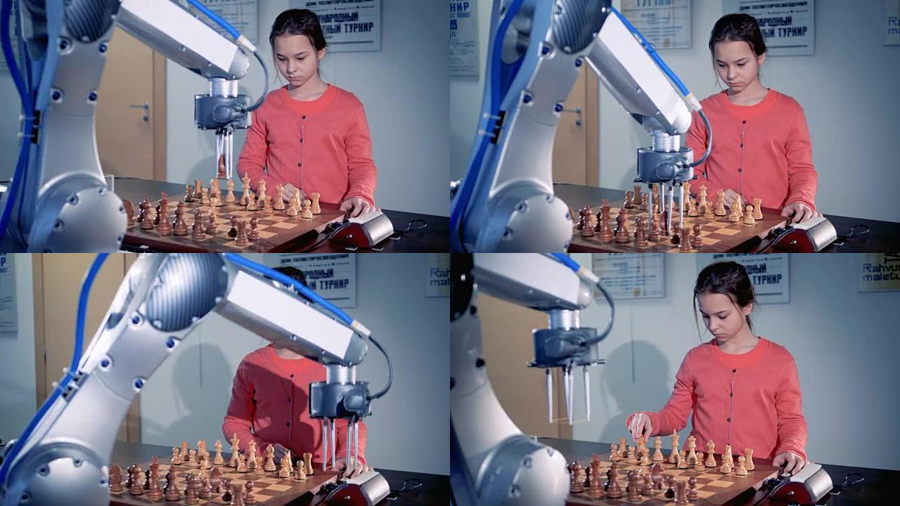 年轻女孩与现代自动象棋机器人下棋。儿童天才概念。4K。