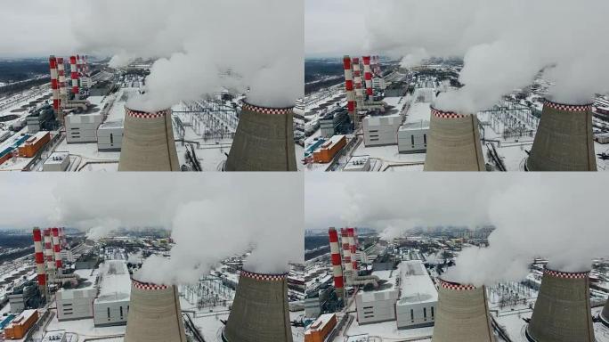全球变暖概念。热力厂的工业背景。