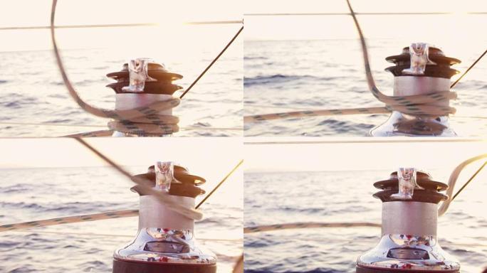 阳光帆船上的4k松动索具，慢动作