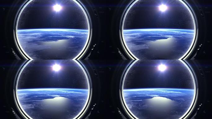 从国际空间站的窗户看到的地球。国际空间站。向右飞行。现实的氛围。体积云。从太空看。星星闪烁。太空，地
