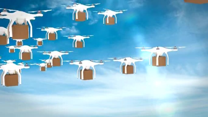 无人机拿着纸板箱飞行的数字图像