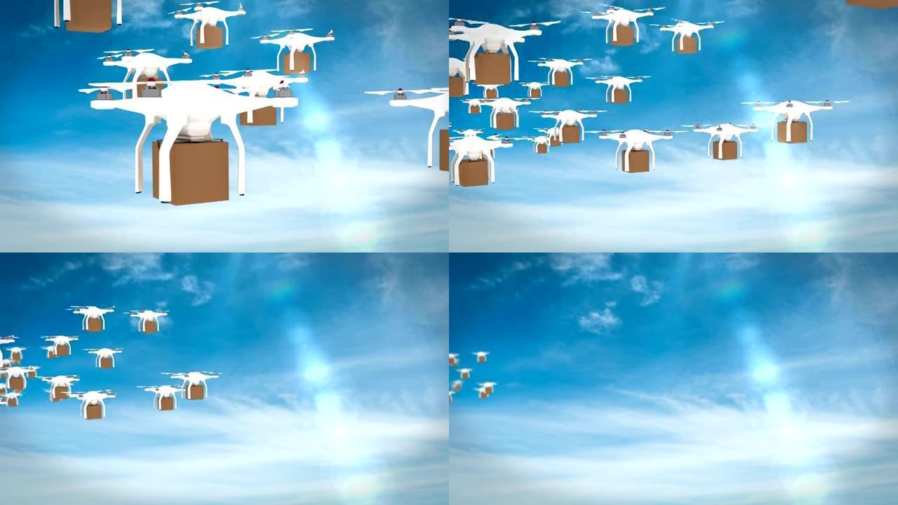 无人机拿着纸板箱飞行的数字图像