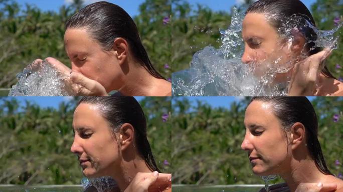 慢动作: 年轻女子洗脸，用spa水溅皮肤