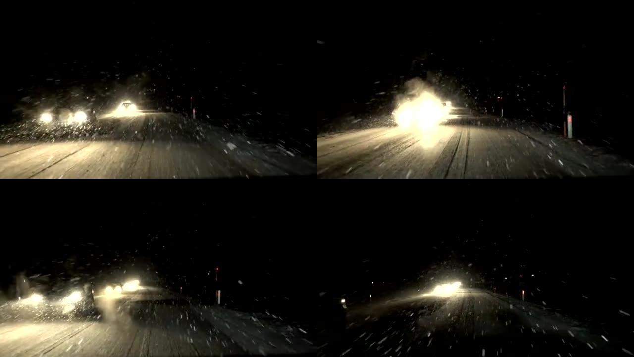 FPV，慢动作: 夜间在大雪中，汽车在主要道路上缓慢行驶